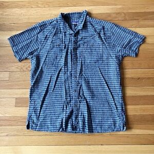 Patagonia Black Blue Plaid Cotton Hemp Back Step Button Up Shirt XL Extra Large